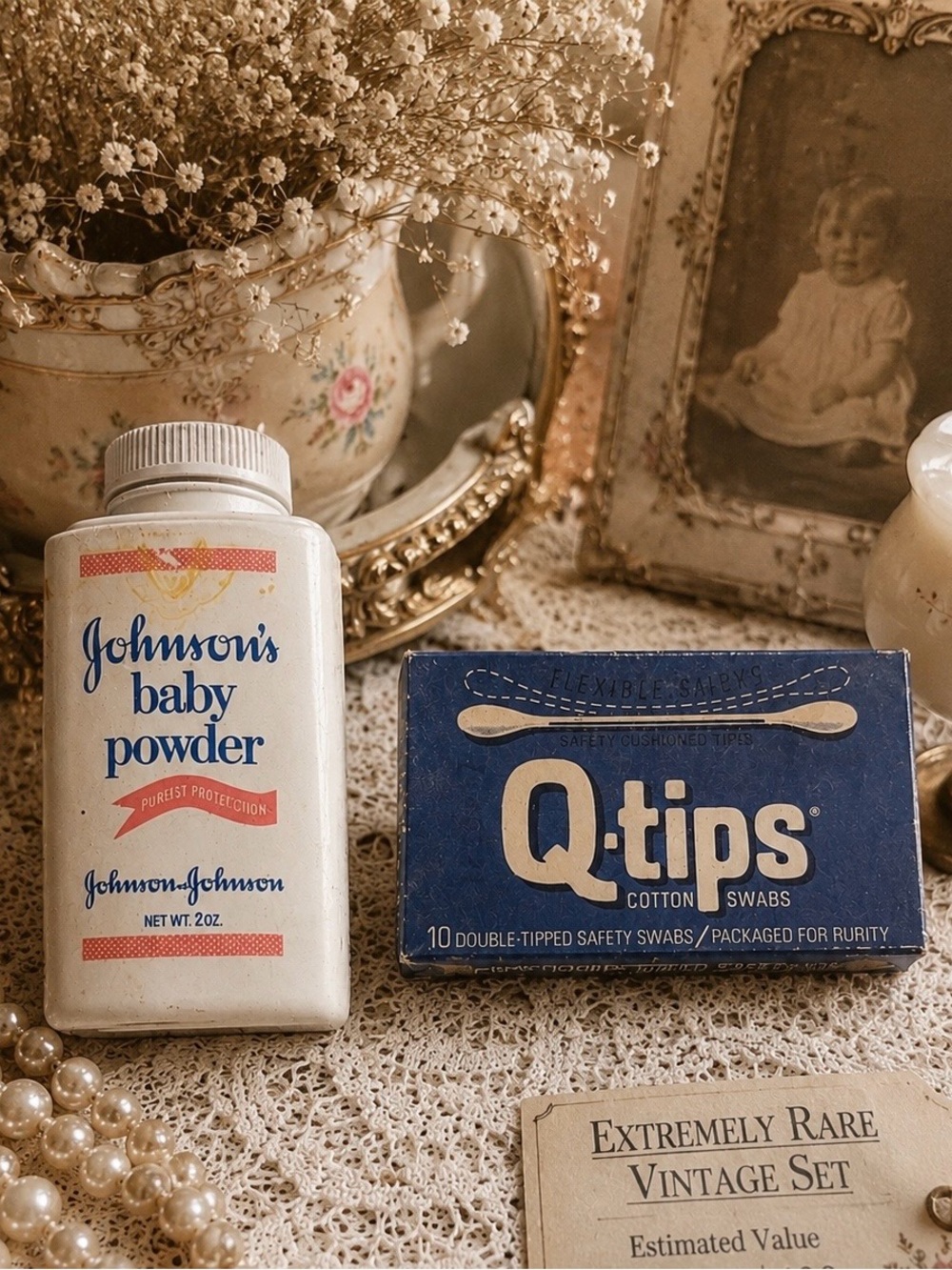 Johnson's Baby Powder and Q-tips Cotton Swabs Set Antique Vintage Collectable